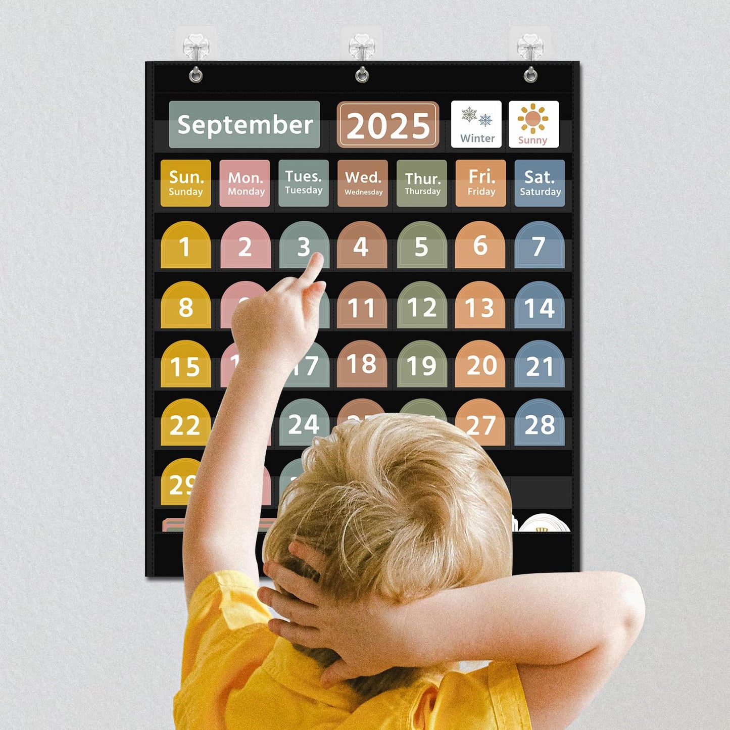 REGELETO Large Boho Calendar Pocket Chart with 96 Cards for Classroom, Size:32.25 x 24.125 inch Black Monthly Calendar and Weather Pocket Chart for Student Learning for Home or School.