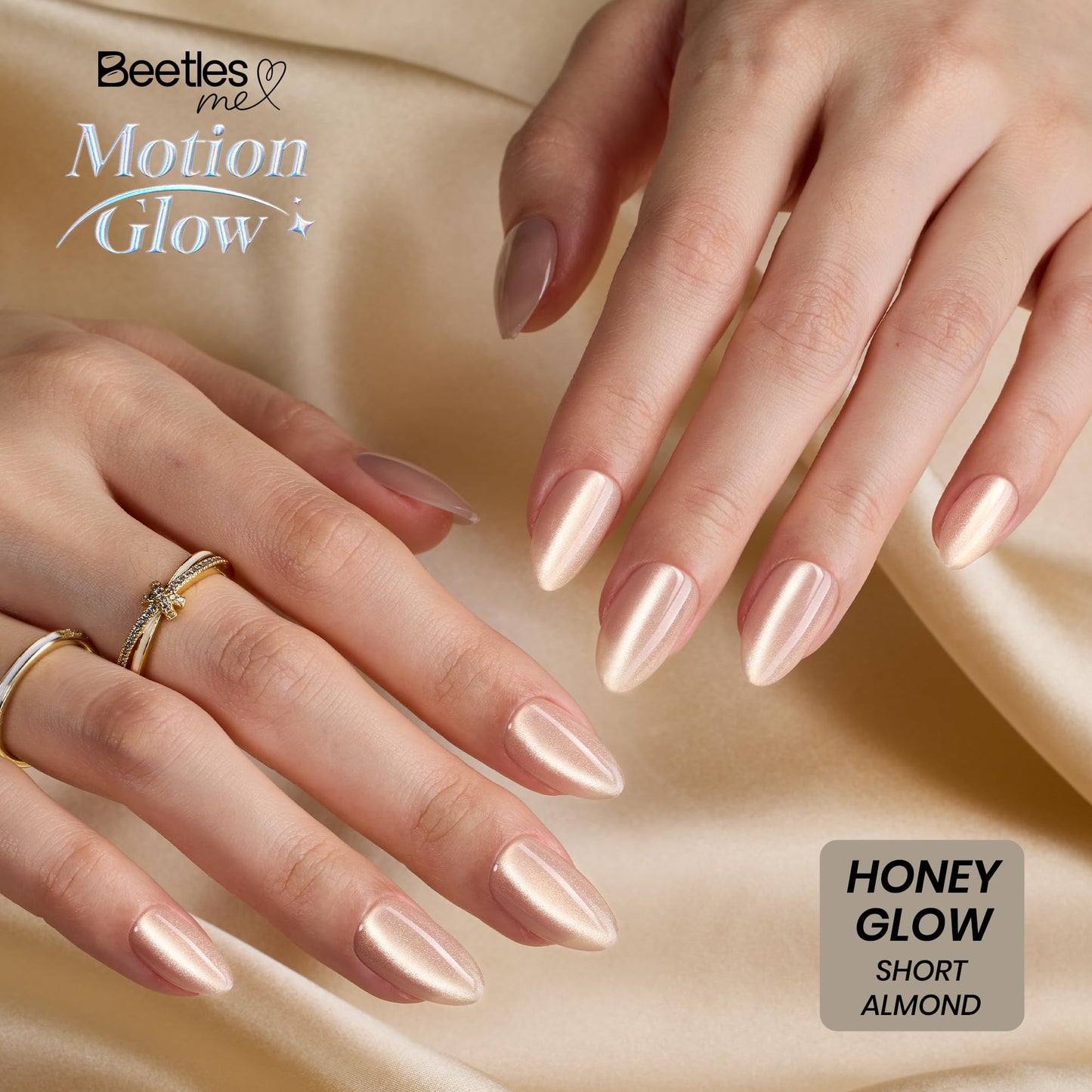 Beetles Motion Glow Cat Eye Press On, Short Almond Press On Nails Kit, 32pcs 16 Sizes, Girls Stick On Nails with Adhesive Tabs & Fast-Dry Nail Glue, Salon-Ready Gift for Women Honey Glow