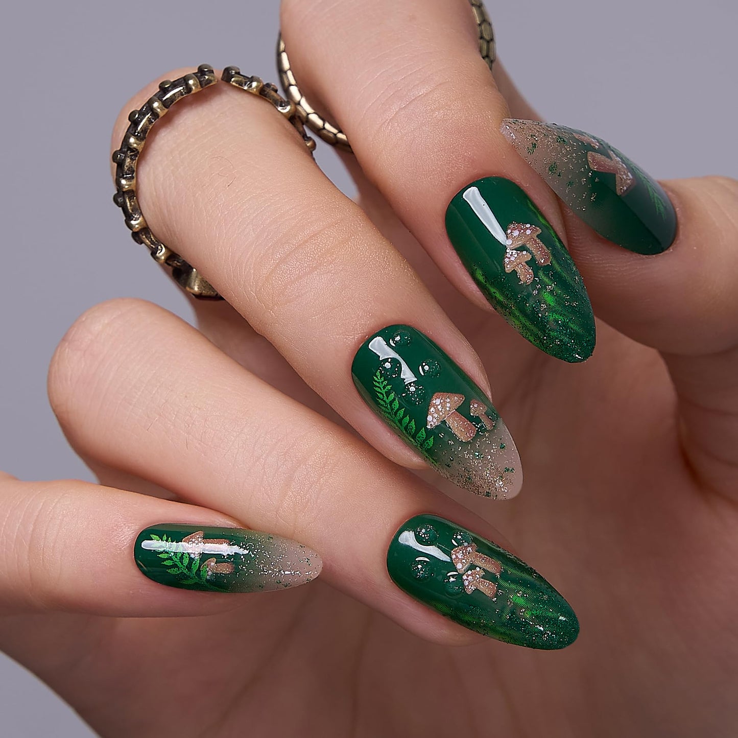 CurvLife Press On Nails Stick On Short Design Acrylic Stick On Nails Tips Glue On False Nails Kit For Women (Green forest, Long)
