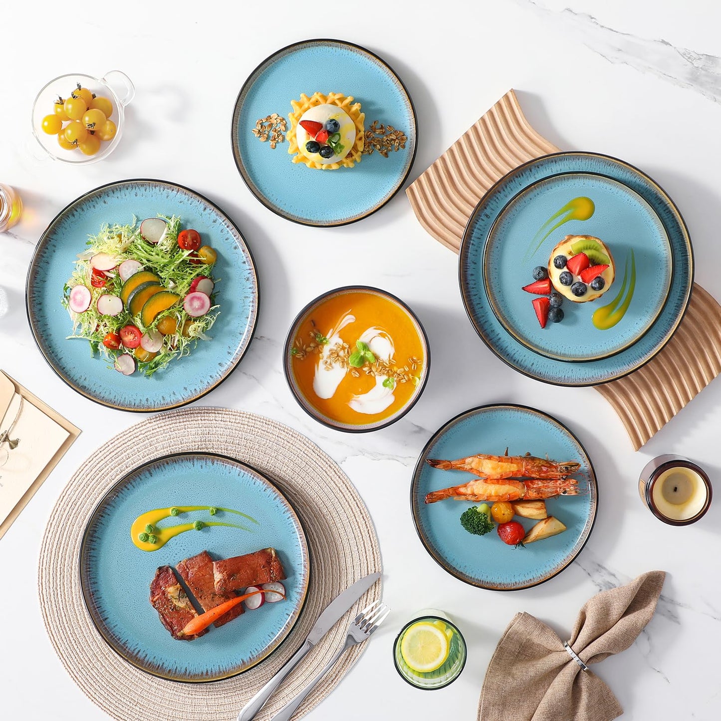 vancasso Plates and Bowls Sets, 24 Pieces Stoneware Dinnerware Sets for 8, Kitchen Dish Set Mircowave and Dishwasher Safe Ceramic Dishware, Blue, Series AMBER