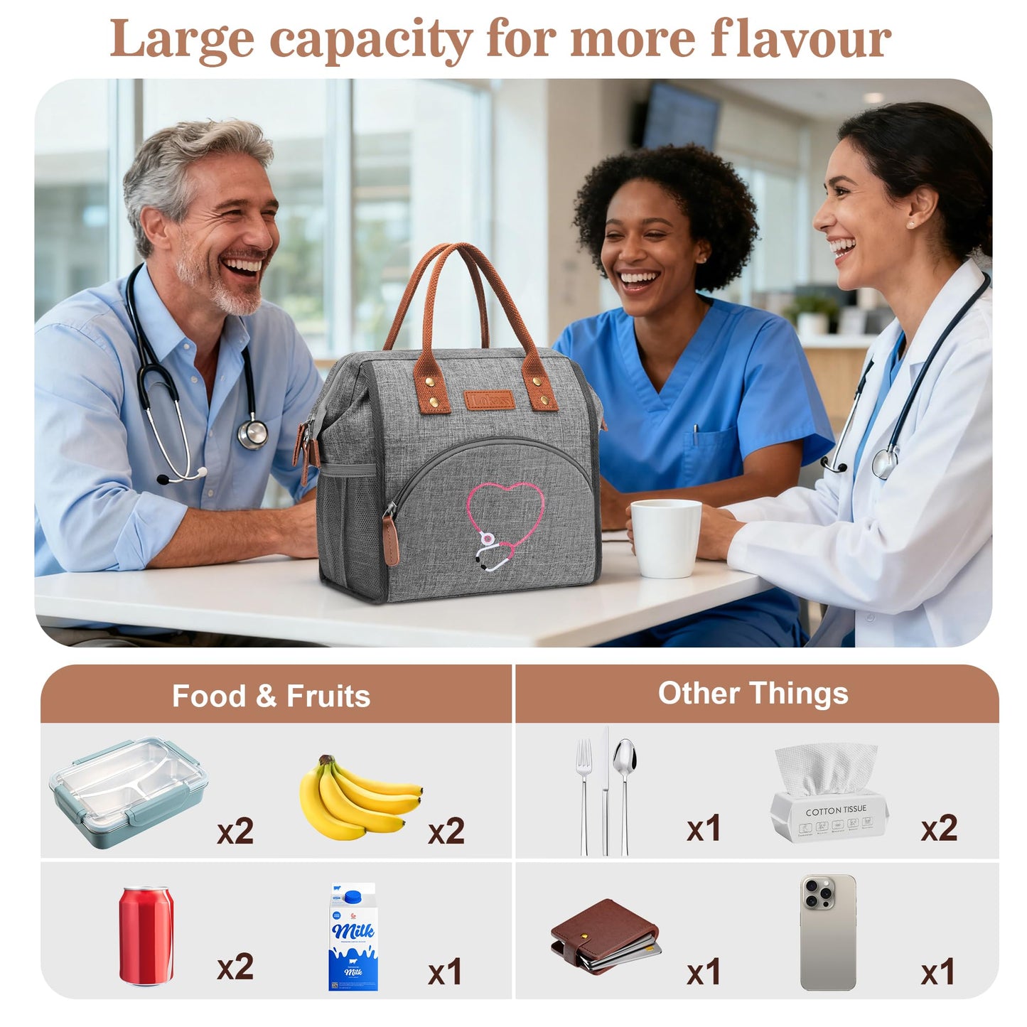 Srotek Nurse Gifts for Women - Embroidered Nurse Lunch Bag for Work, Large Capacity Wide-Open Lunch Box Insulated Reusable Lunch Tote Cooler Bag, Practical Nurse Accessories for Daily Use, Grey