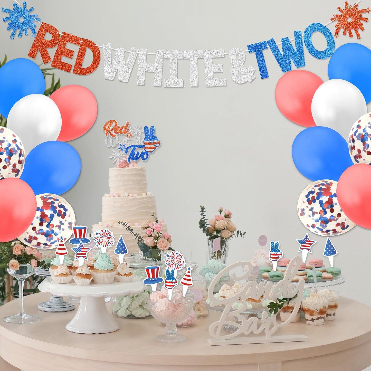 Red White & Two Birthday Decorations - 4th of July 2nd Birthday Decorations for Kids With Banner Cake Topper Cupcake Toppers Balloons