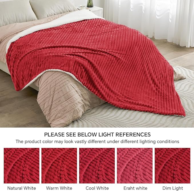 INFIIXSO Sherpa Throw Blanket for Couch - Super Soft & Warm Striped Fleece Blanket, Cozy Plush Fluffy Blanket All Season Use (Red, 50x60 Inches)