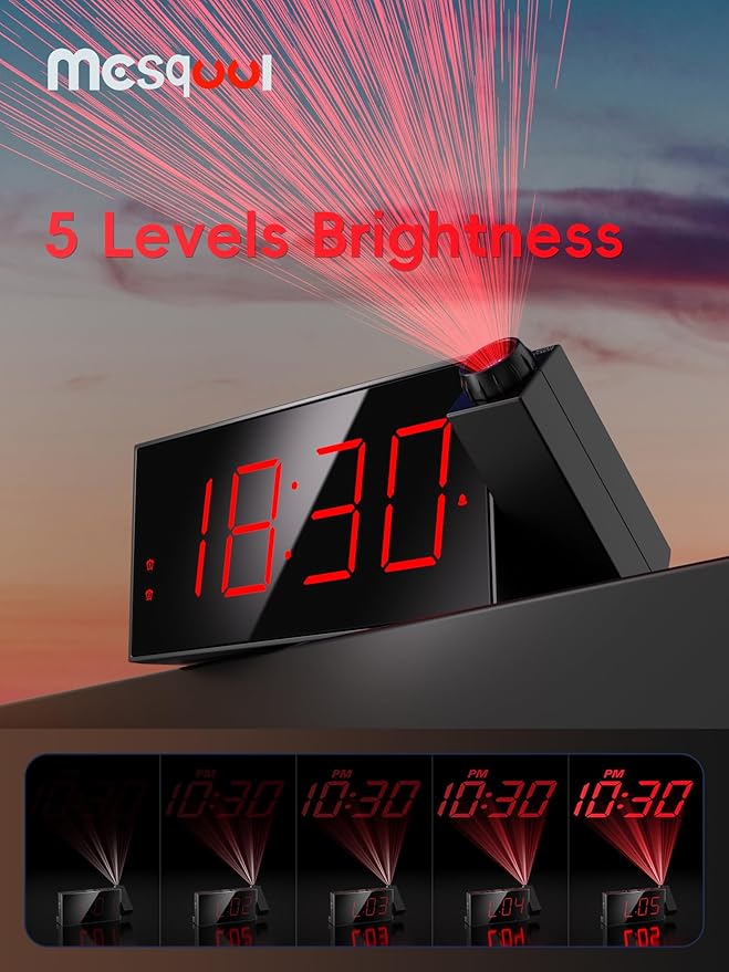 Mesqool Projection Alarm Clock with Loud Bed Shaker, Dual Alarms | 5-level Dimmer, USB charger, Snooze & DST, Loud Vibrating Alarm with Battery Backup, Perfect for Heavy Sleepers