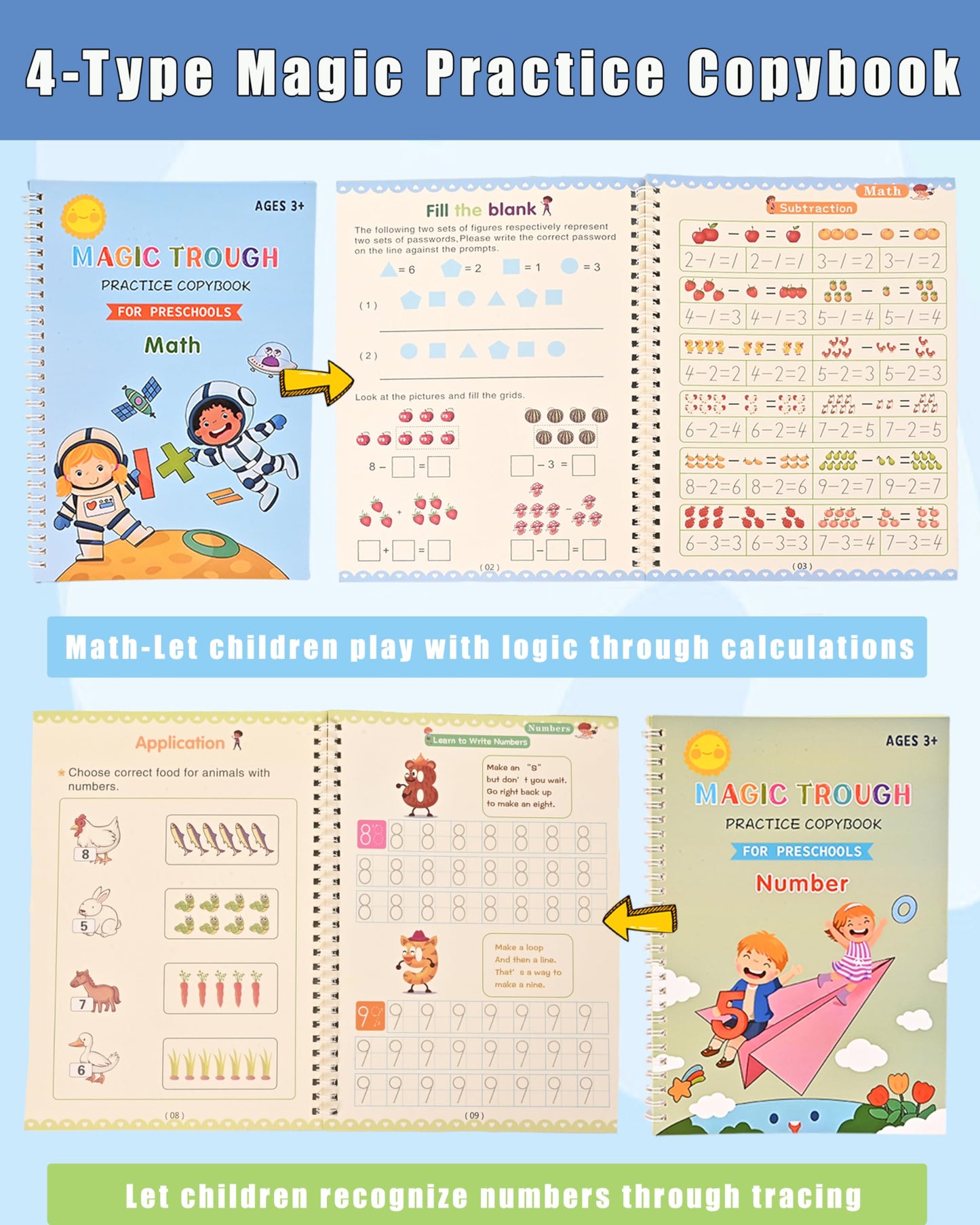 Magic Ink Practice Copybooks, Reusable Grooved Handwriting Practice for Kids Ages 3-7, Montessori Groove writing Preschool Workbook