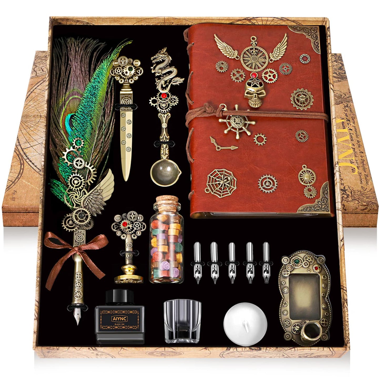 AIYNC Quill Pen and Ink Set, With Notebook Wax Seal Stamp Kit, Calligraphy Set for Writing Lovers, Valentine's Day and Birthday Gifts, Ideal for Holidays(Peacock Feather)