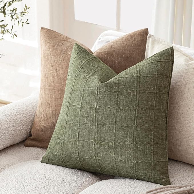 Foindtower Set of 2 Decorative Linen Check Throw Pillow Covers Neutral Farmhouse Vintage Cushion Covers Modern Boho Home Decor for Sofa Chair Couch Bedroom Living Room,22×22 Inch,Sage Green
