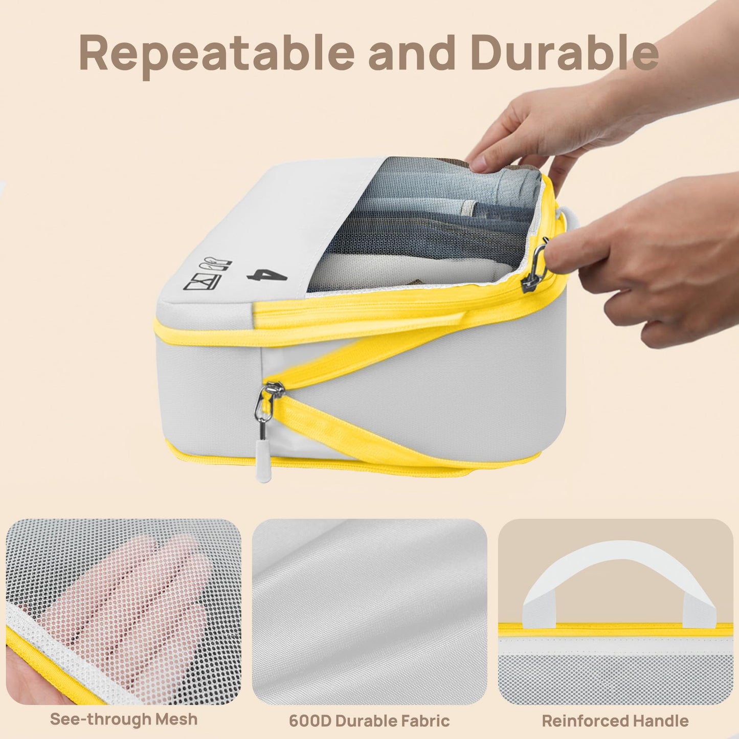 7 Set Compression Packing Cubes Travel Accessories Expandable Packing Organizers (White)
