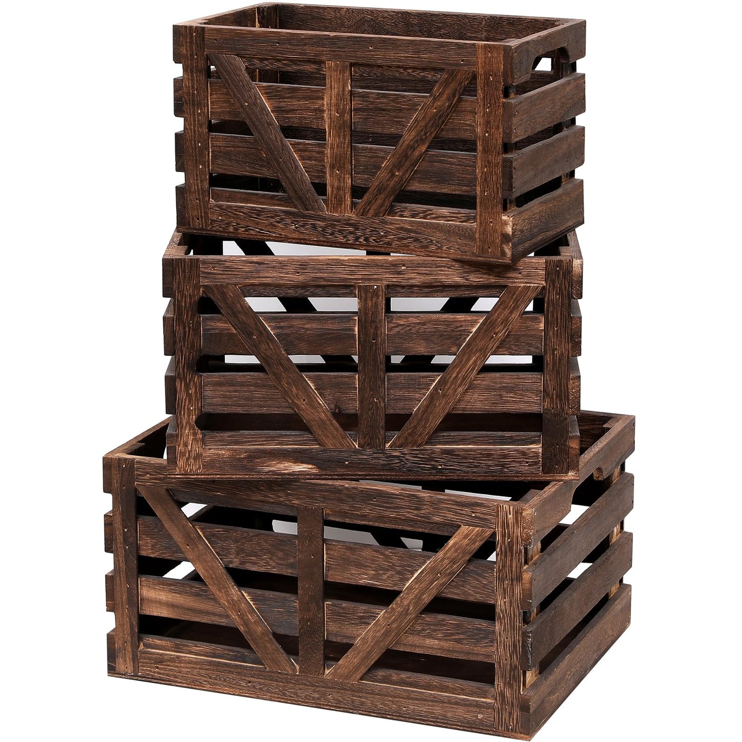 LYDWOO8D Nested Wooden Storage Crates Set of 3 (L,M,S),Farmhouse Decorative Boxes with Handles for Home Organization & Display