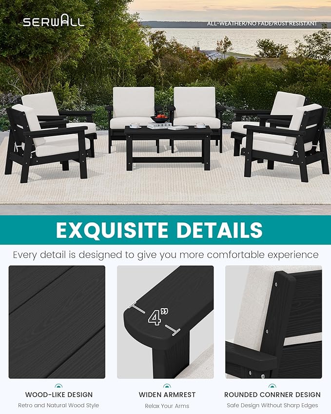 SERWALL Patio Conversation Sets, 7 Piece, Black Frame with Khaki Cushions