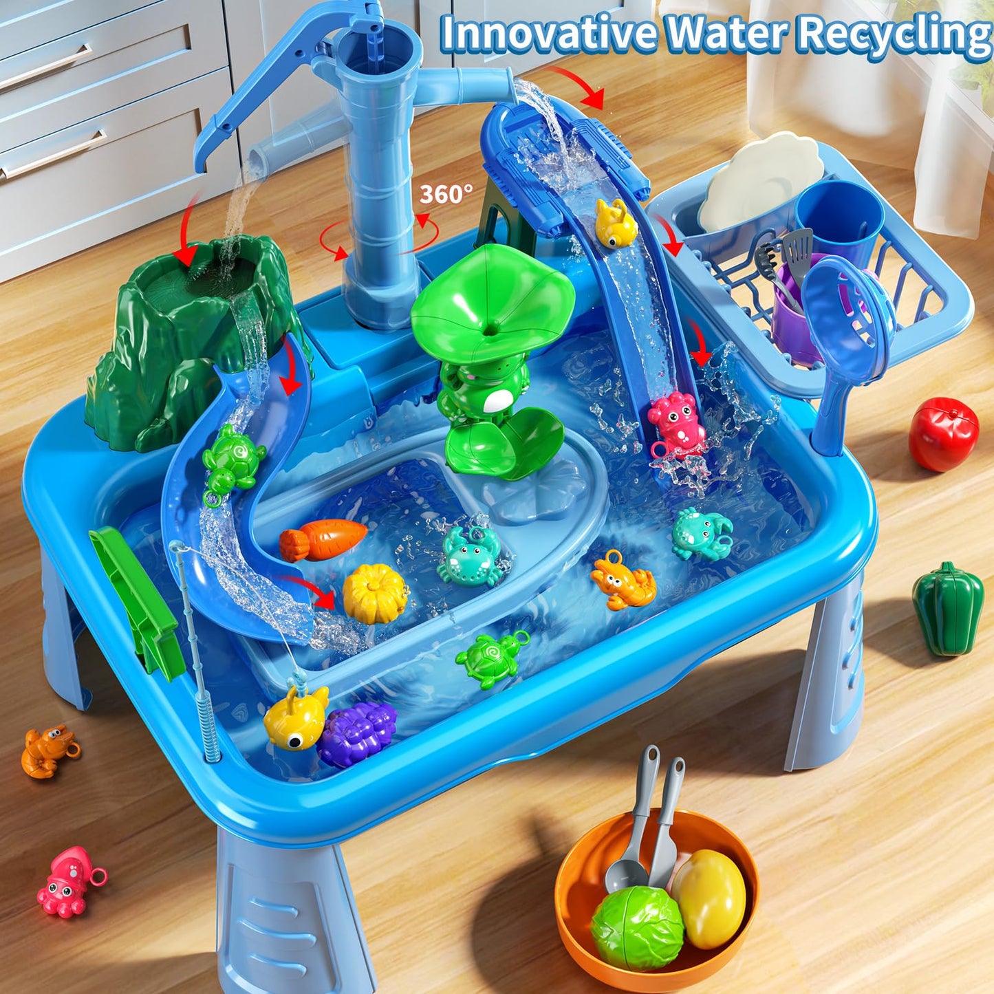 JUKUDAHU Water Table Play Sink Toy for Kids 2 3 4 5 6 Years Old - Outdoor Kitchen with Running Water, Fishing Games, Toddler Water Play Table for Kids Ages 3-8, Beach Outdoor Toys, Summer Gifts