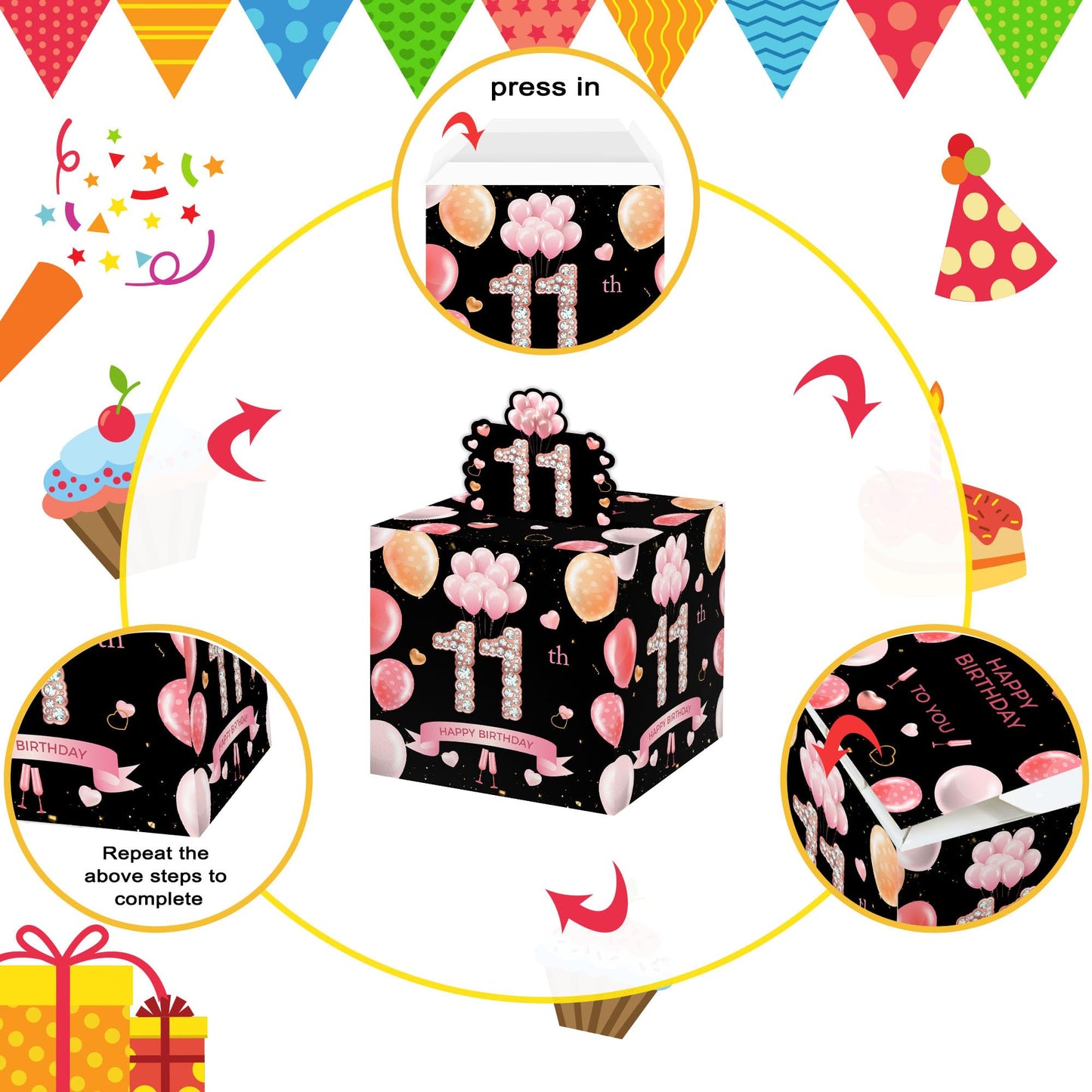 Surprise Gift Box for 11th Birthday Party, Includes Cash Envelopes & Decorations (35PCS)
