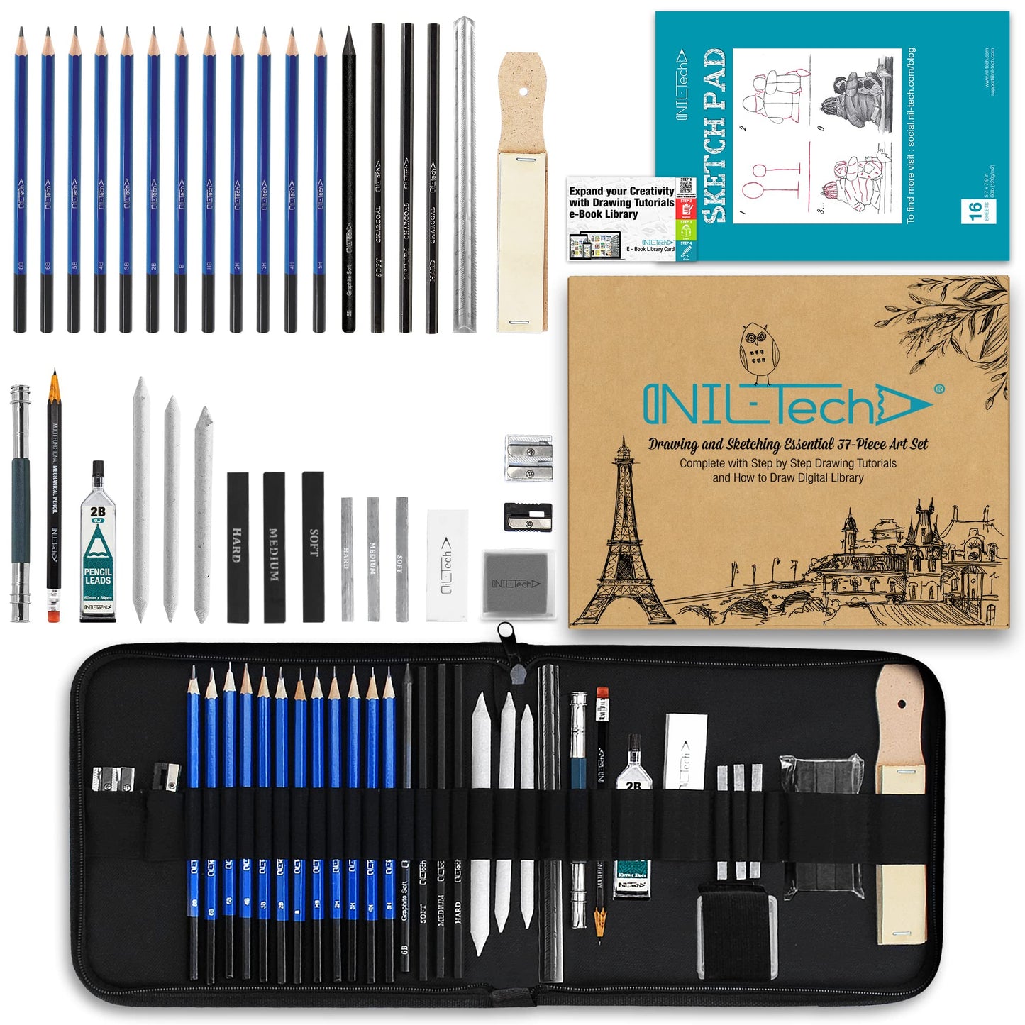 NIL - TECH 37-Pc Professional Drawing Set & Sketching Kit for Adults – Complete Art Supplies with Travel Case, Sketch Pad & Tutorials – Ideal Gift for Sketching