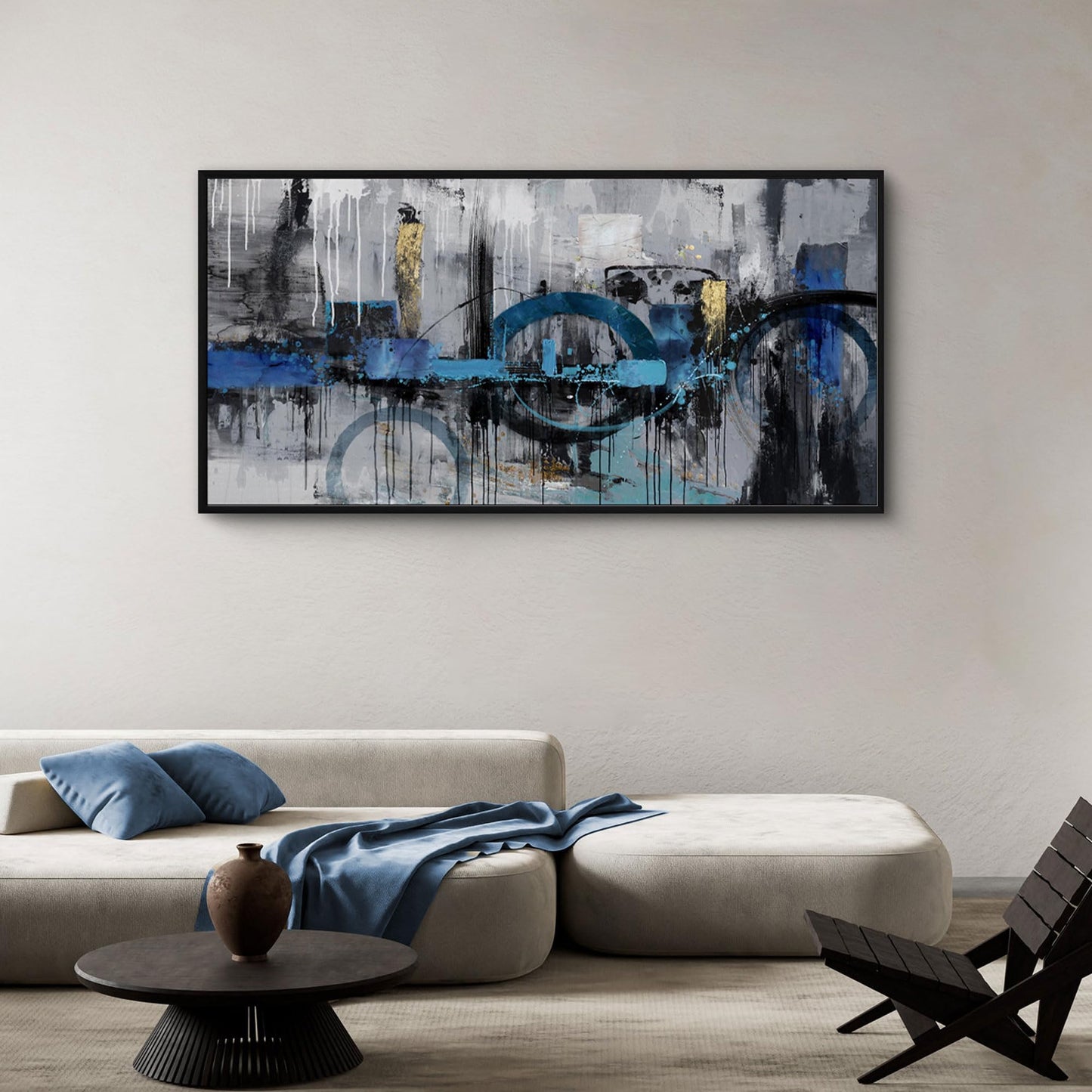 KLAKLA Abstract Wall Art - Blue and Gray Pictures Canvas Artwork for Living Room Bedroom Horizontal Black Framed Above Bed Wall Decor - 20x40