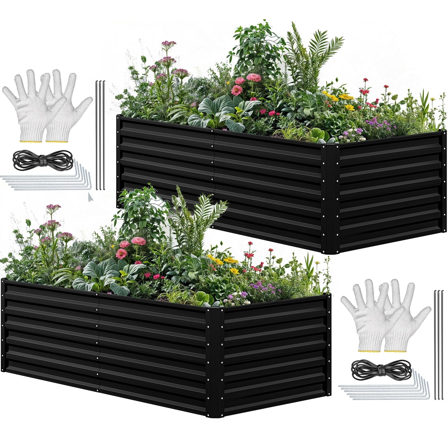 YITAHOME 72x36x24 in 2pcs Galvanized Raised Garden Bed Kit, Large Metal Planter Box with Gloves & Support Rod, Outdoor Flower Bed for Plants Vegetables, Black