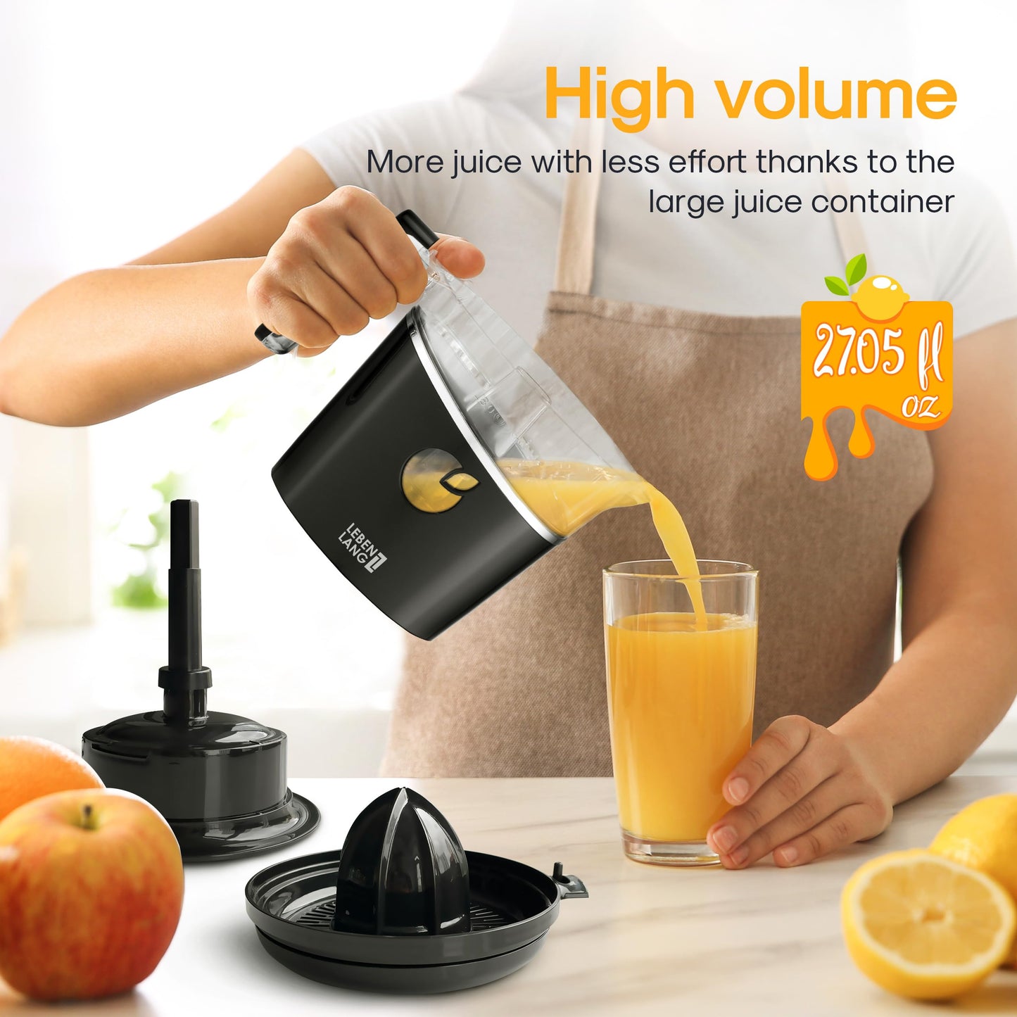 LEBENLANG BPA-Free Orange Juicer Electric - 27 OZ & 2 Cones with Pulp Control I Automatic & Electric Juicer for Citrus Lemon & Oranges I Orange juice squeezer machine Exprimidor de naranjas electrico