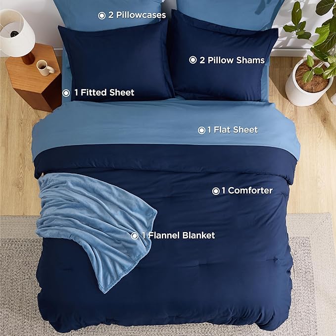 Bedsure Twin Comforter Set Navy Blue, 6 Pieces Prewashed Twin Size Bed in a Bag with Soft Fleece Bed Blanket, Down Alternative Bedding Set for All Seasons, Sheets, Pillowcase & Sham