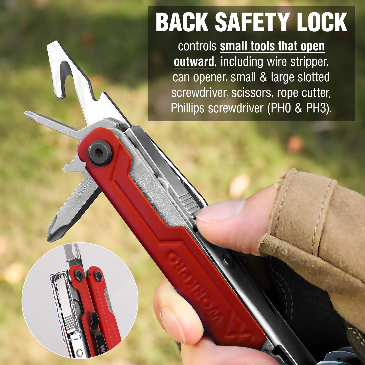 WORKPRO 18-in-1 Multi Tool Pliers, Stainless Steel EDC Multitool with Pocket Knife, 2 Safety Locks, Belt Clip and Oxford Pouch, Multipurpose Utility Multiuse Tool for Outdoor Activities
