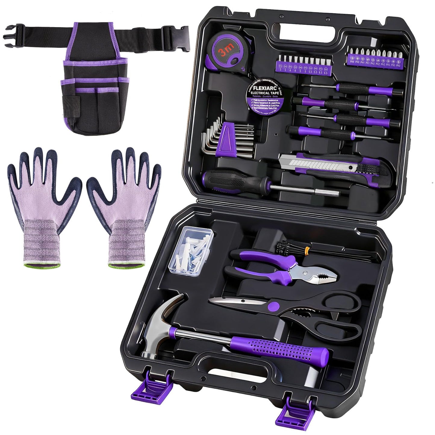 FlexiArc General Household Tool Set - Purple Hand Tool Kit with Waist Pouch & Gloves, Tool Kit for Women Everyday Home Repairs, DIY and Crafts, 112 pcs