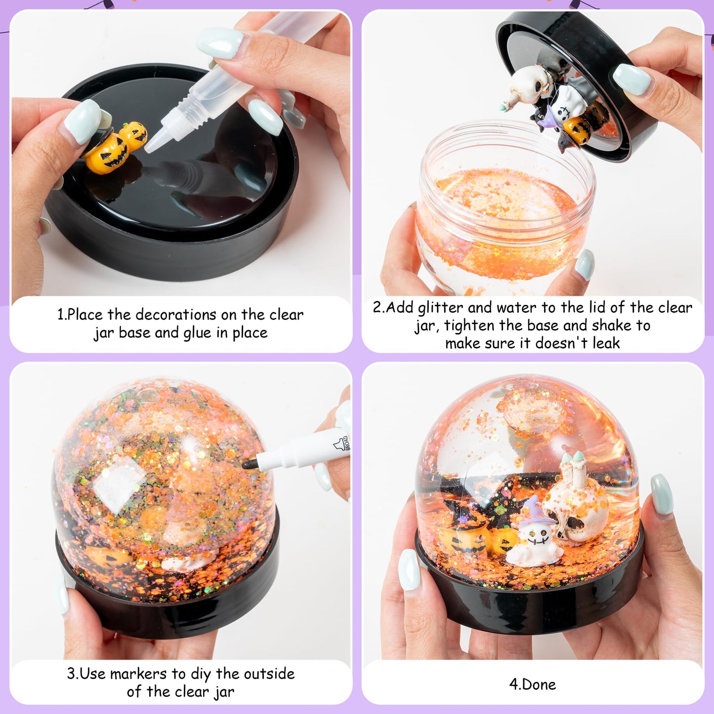 HoniedPepperino Halloween Snow Globe Craft Kit - 8 Set DIY Plastic Snow Globe Craft with Mini Resin Ghost Haunted House, Make Your Own Party Decor with Glitter for Classroom Activity Gifts (Halloween)