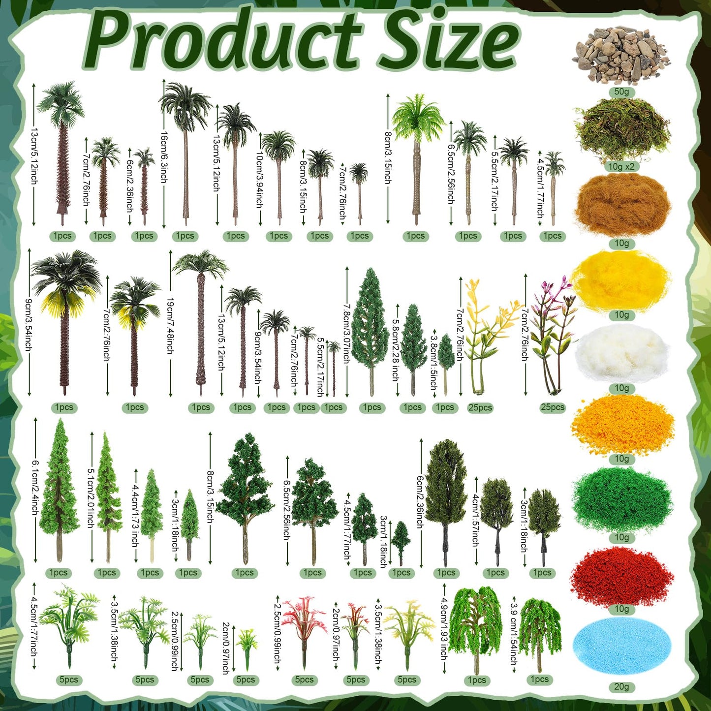 Sureio 130 Pcs Diorama Supplies Kit Include 121 Miniature Trees 1.2-7.48 Inch Mini Mixed Model Plastic Fake Architecture 9 Bags Scenery Basing Material Kit for Model Train Railroad Scenery DIY Craft