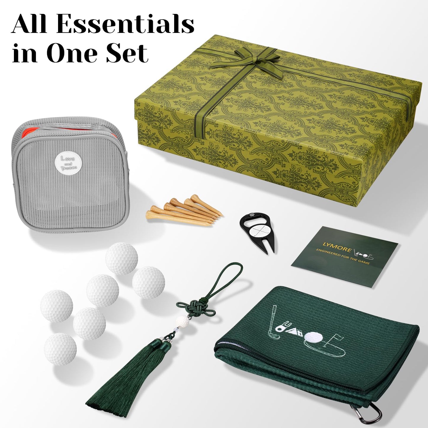 Golf Gift Set for Men - 6 Balls, Tees, Divot Tool, Towel & Organizer Bag - Lucky Chinese Knot Charm - Ideal Gift for Dad, Husband, Father's Day & Christmas