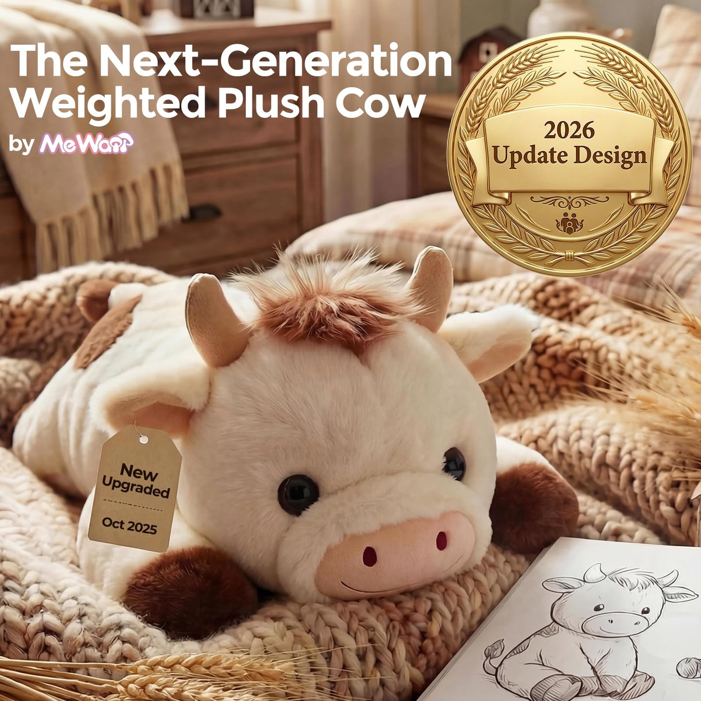 Mewaii Weighted Stuffed Animals for Adults & Kids, 2-5 lbs - 23" Heatable Coolable Cow Plush, Microwavable Adjustable Removable Inner Pad, Realistic Hug Comfort Gift (White)