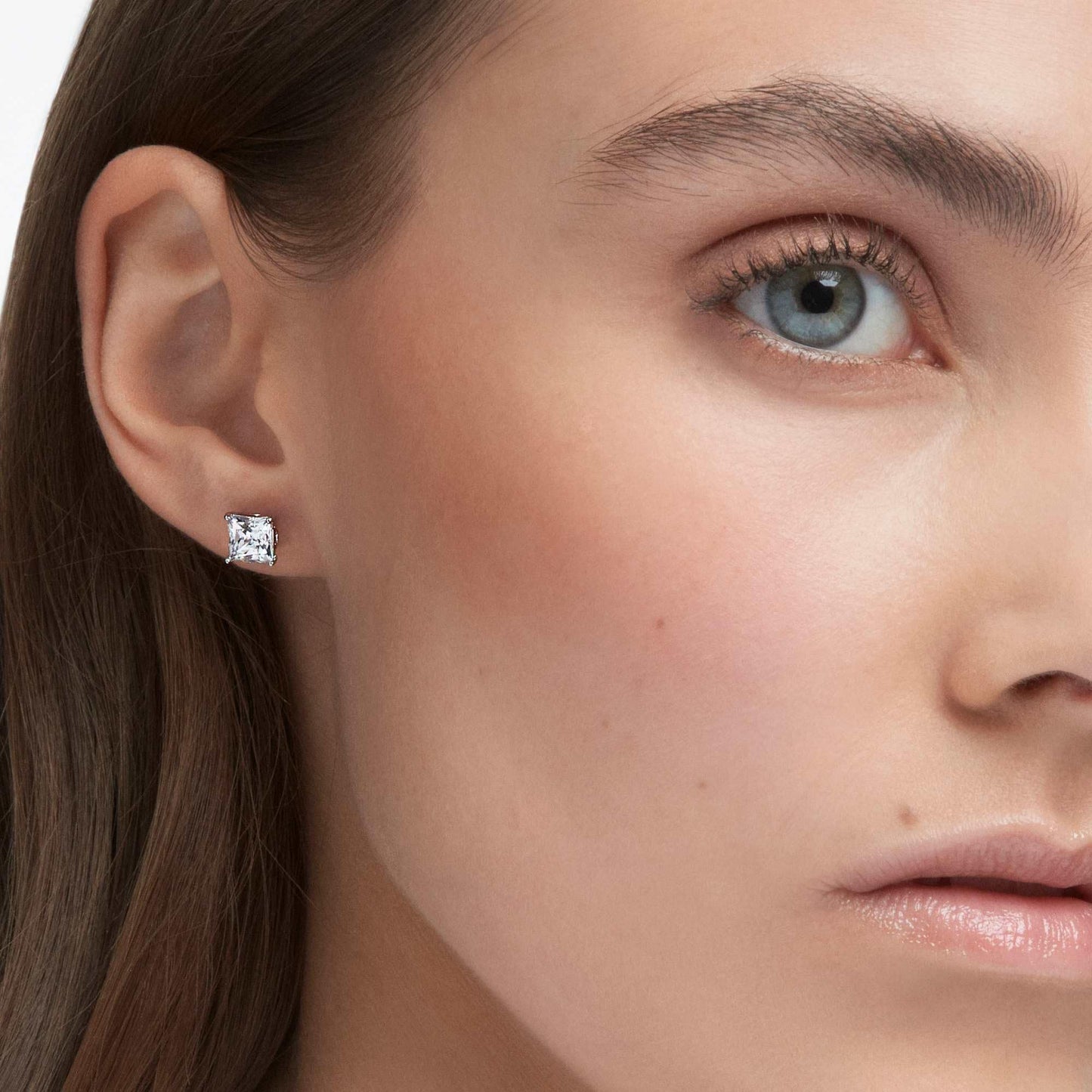 Swarovski Attract Square Stud Pierced Earrings with Clear Crystals on a Rhodium Plated Setting with Butterfly Back Closure