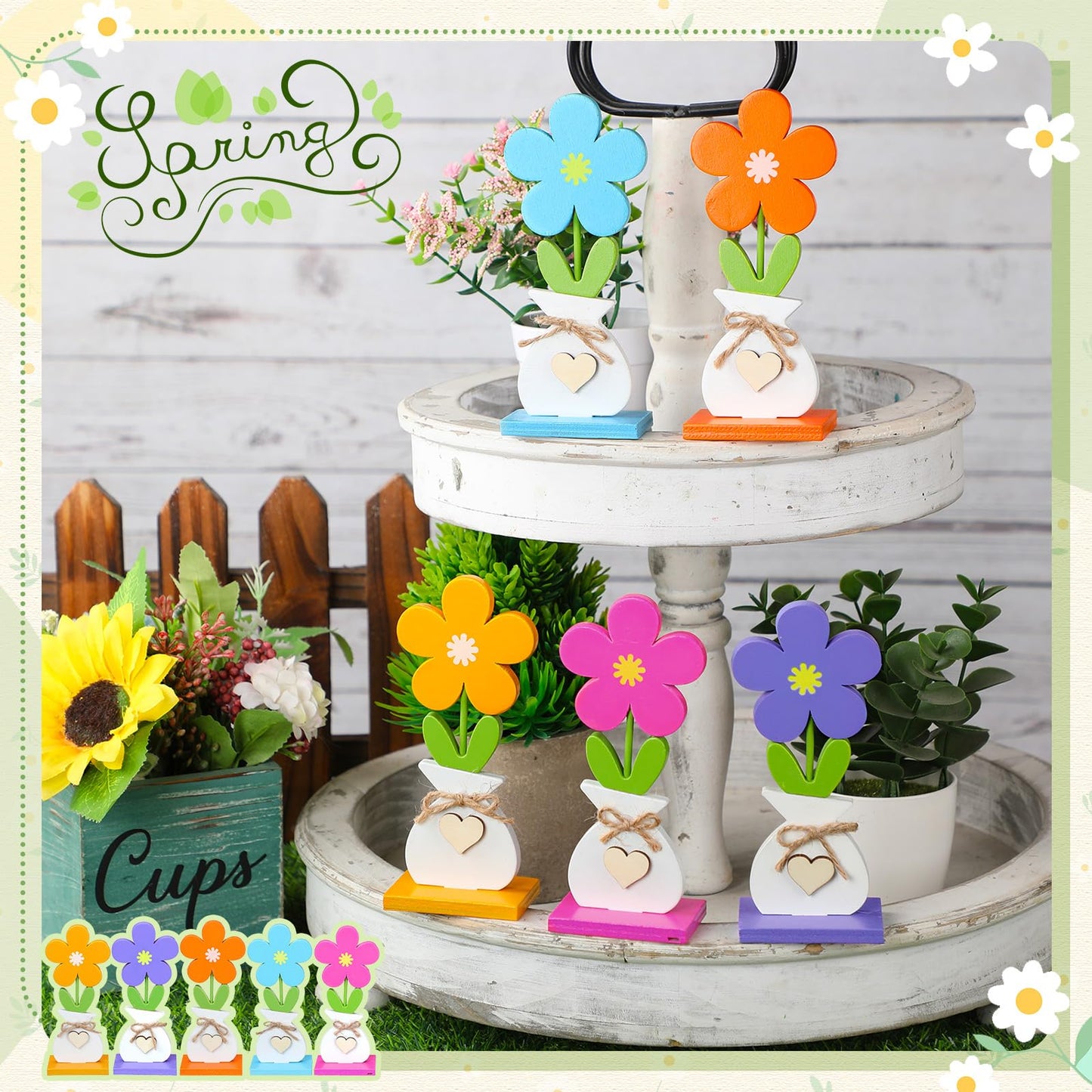 Yerliker 5 Pcs Spring Decorations Flower Butterfly Tiered Tray Wood Table Signs Rustic Table Centerpieces Spring Shelf Sitter Decor Farmhouse for Home Housewarming DIY Craft(Flower)