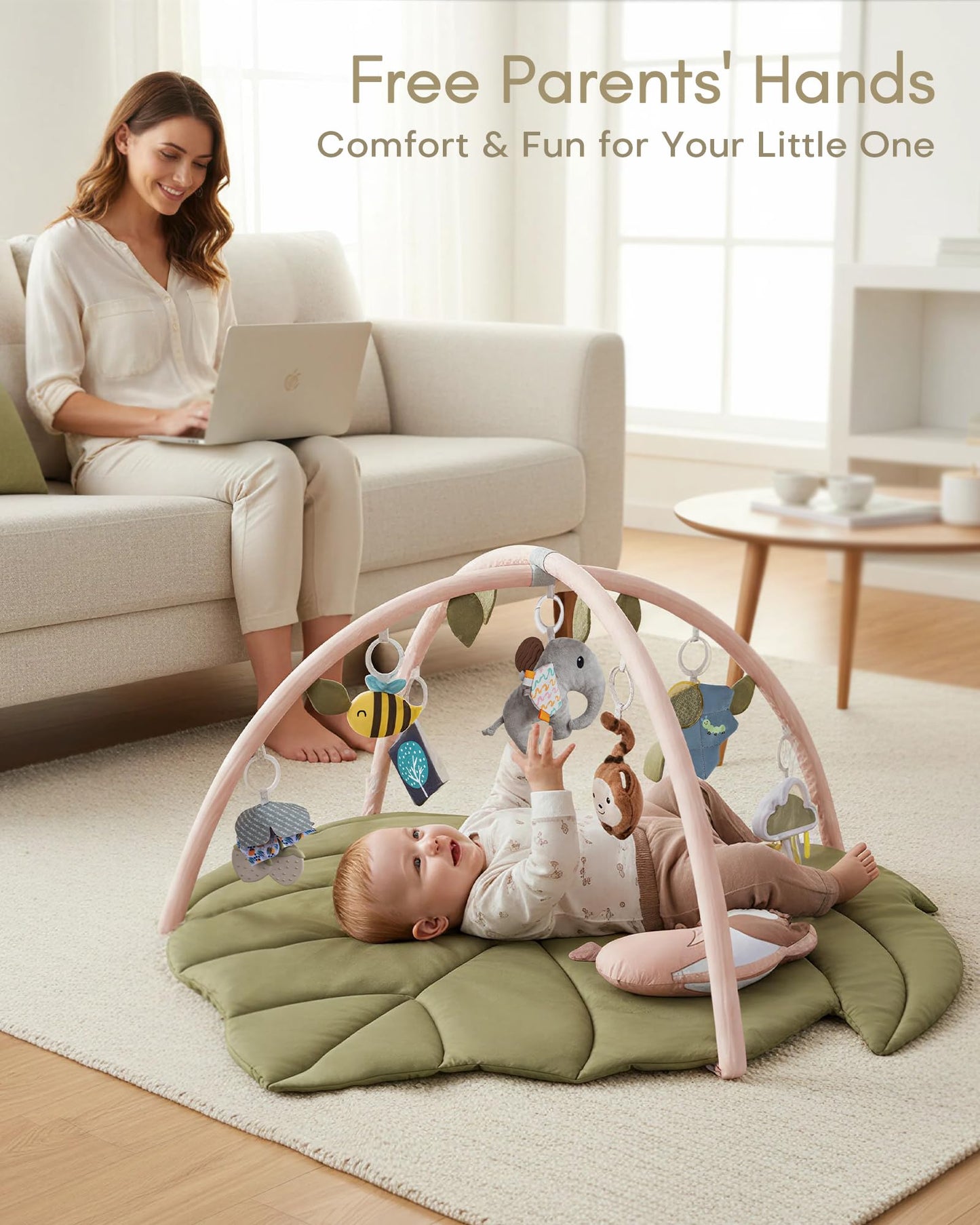 Infant Activity Center for Newborn to Develop Motor Cognition Leaves Leaf-Shaped Baby Play Gym & Activity Mat Extra Large Tummy Time Mat with 8 Detachable Toys