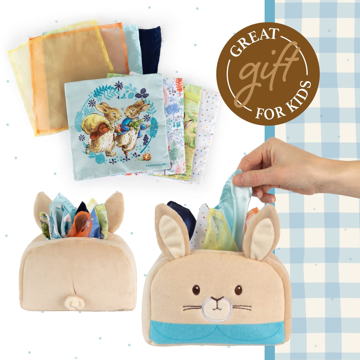 Kids Preferred Peter Rabbit Tissue Box Sensor Toy 8 Double Sided Tissues For Infants, Babies, and Kids Based on the Beatrix Potter Books