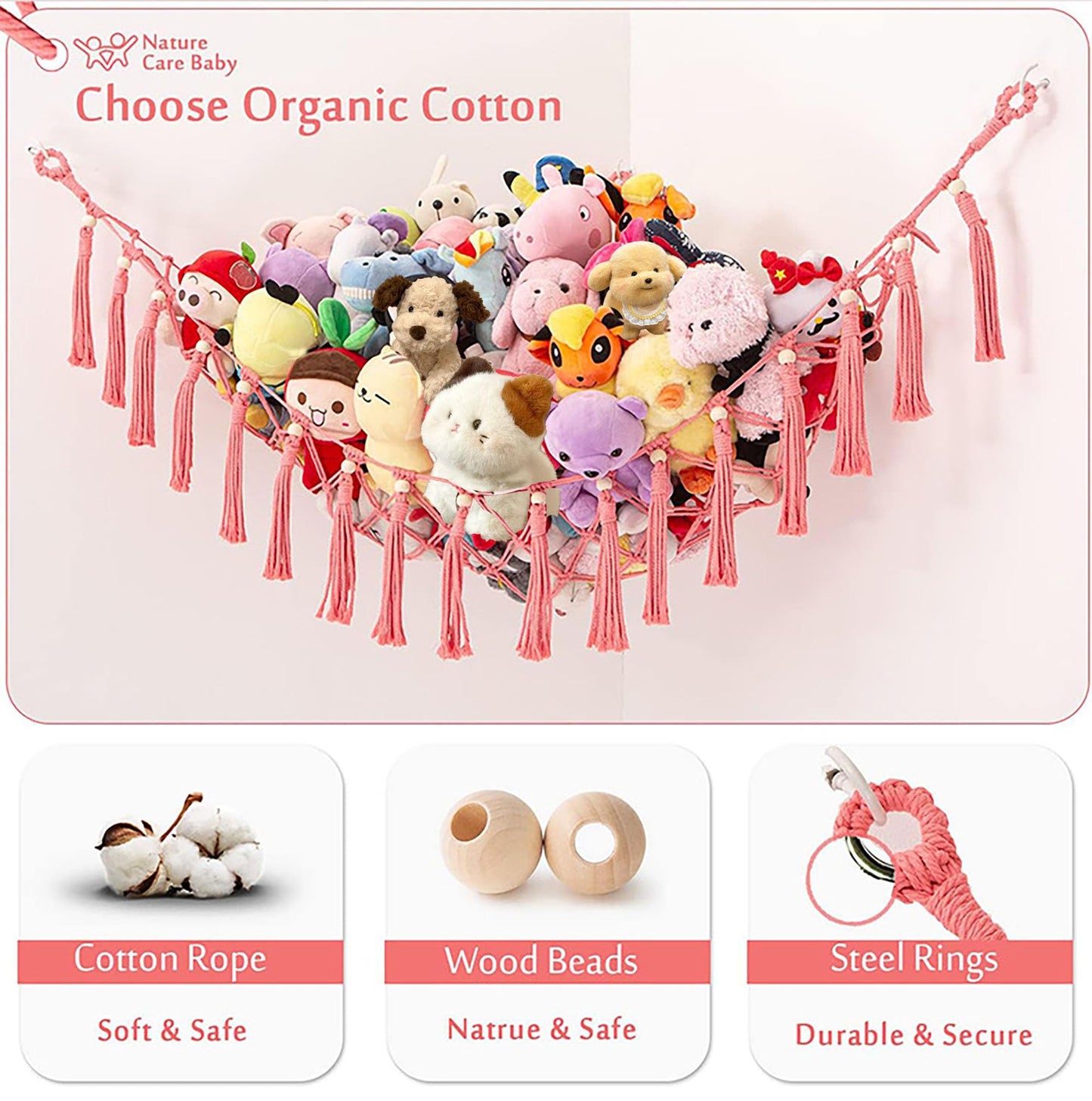 Stuffed Animal Storage Hammock Plush Stuff Toy Hanging Net Corner Organizer Decorations for Kids Bedroom Wall Home Decor (DarkPink)