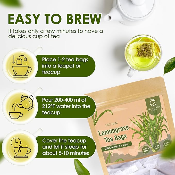 NHAT ANH FARM - Premium Lemongrass Tea Bags, 100 Lemongrass Tea Bags, 100% Natural Dried Lemongrass, Naturally Sweet Herbal Tea, Sugar-Free, Caffeine-Free, No Additives