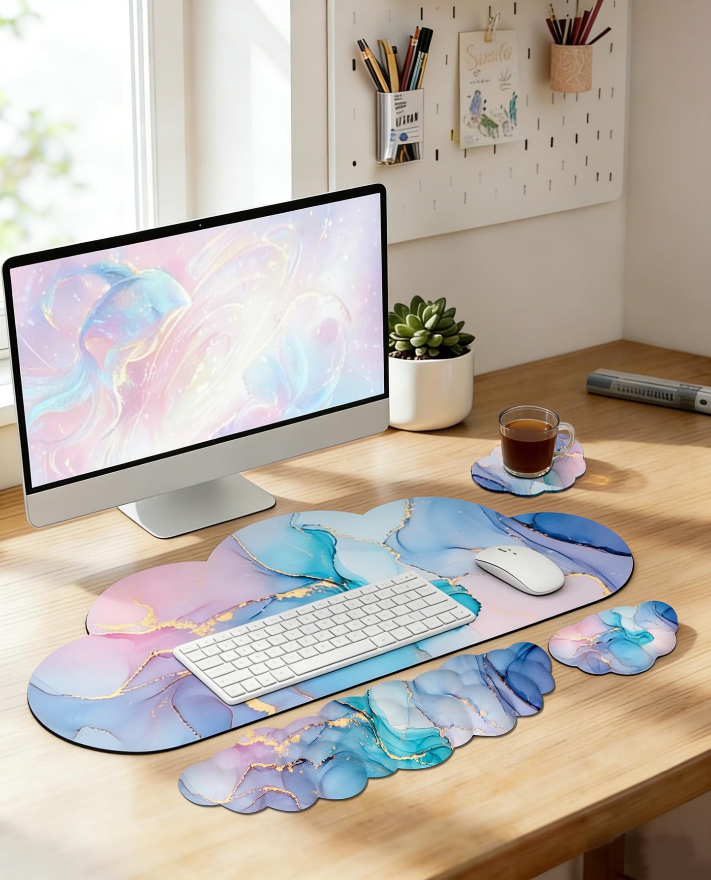 JIKIOU Large Cloud Mouse Pad Waterproof with Cloud Keyboard Wrist Pad and Cloud Mouse Wrist Pad Set, Ergonomic Computer Desk Wrist Support Mousepad for Keyboard and Mouse 35.4x15.7in Marble Blue