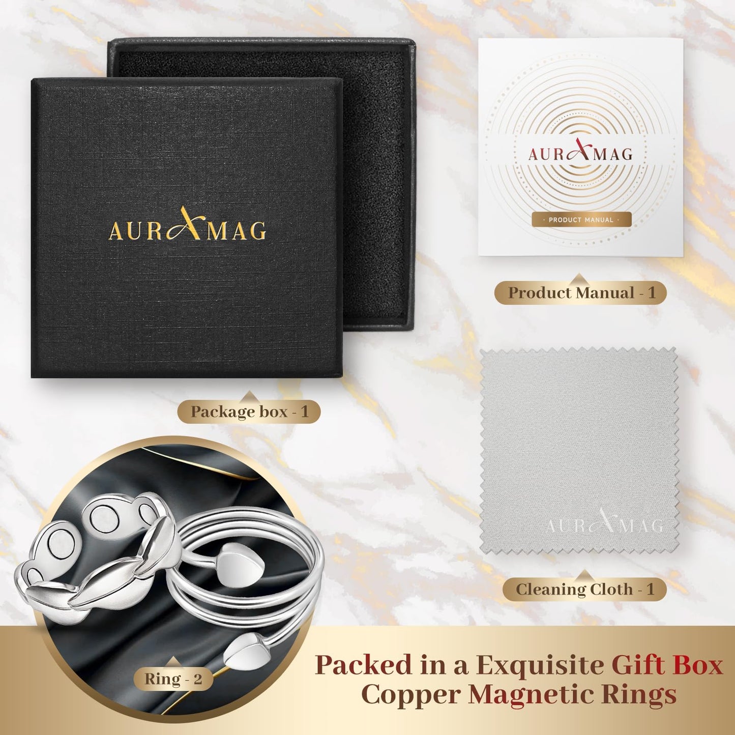 Auramag Copper Rings for Women, Lymphatic Drainage Magnetic Thumb Ring with Magnet, 99.99% Pure Copper Jewelry Gift with Box(Set of 2)