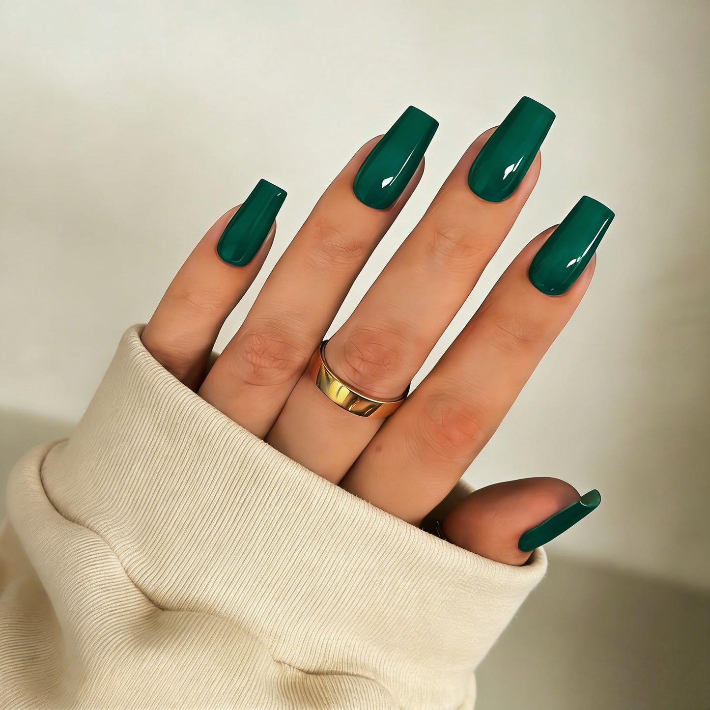 SXVME Press On Nails Long Square - Emerald Green Press on Nails with Glue for Women, Natural Simple Fake Nails Press ons Medium, Glossy Soft Gel Glue on Nails Coffin, Reusable Nail Stick Ons, 24 Pcs