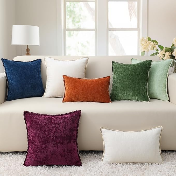 decorUhome Chenille Soft Throw Pillow Covers 20x20 Set of 2, Farmhouse Velvet Neutral Decorative Euro Pillow Covers with Stitched Edge for Couch Sofa Bed Home Decor, Mineral Yellow