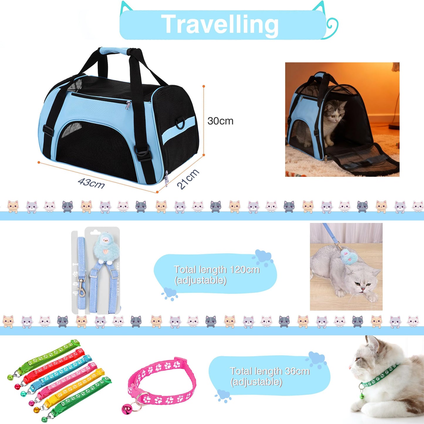BERXOL 47PCS Kitten Essentials Starter Kit, Ideal for Cats Under 6 Months, Featuring 21-Piece Toy Set, Bed, Carrier, Litter Box, Bowls & More, Perfect for New Cat Owners - Blue