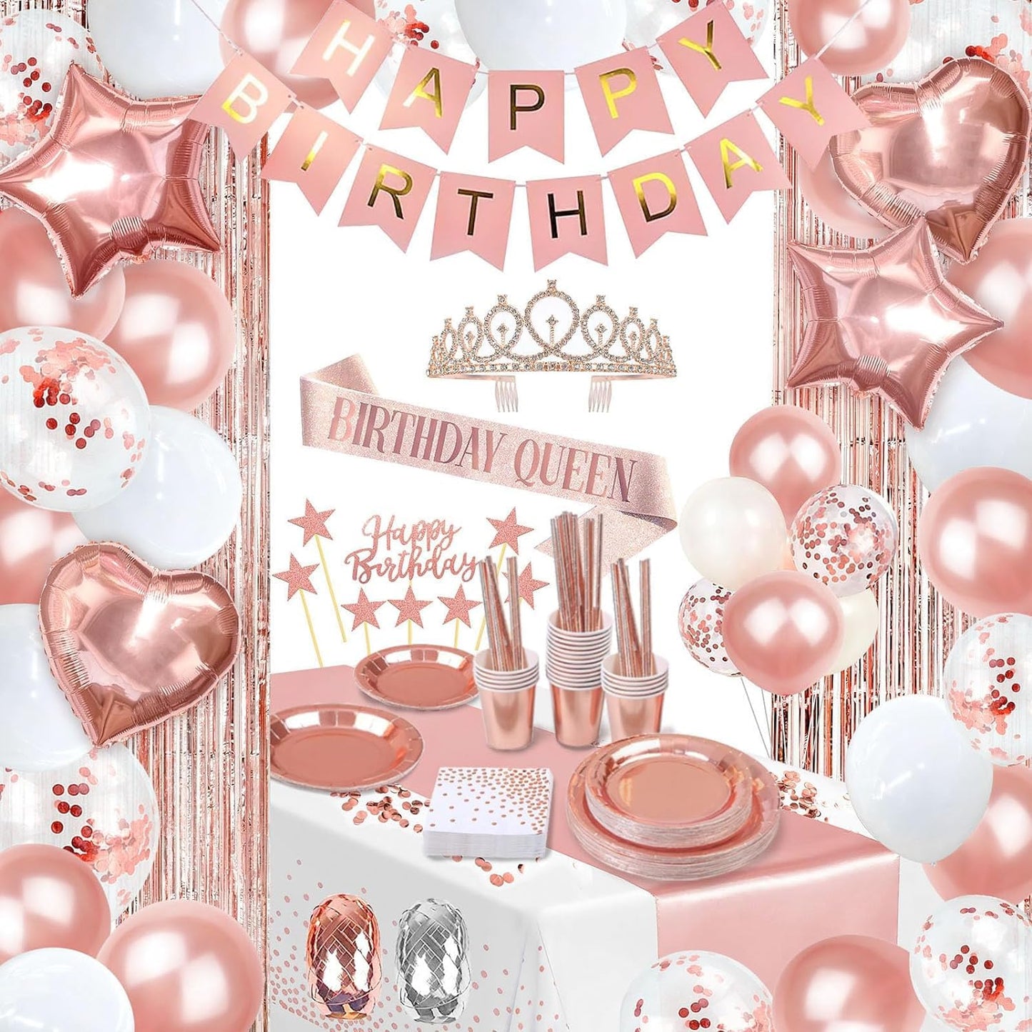 Party spot! 253 Pcs Birthday Decorations For Women, Rose Gold Party Decorations, Happy Birthday Decorations - Balloon Stand Kit, Tableware Kit,Pump, Banner, Tassel Curtain,Balloon, For 25 Guests