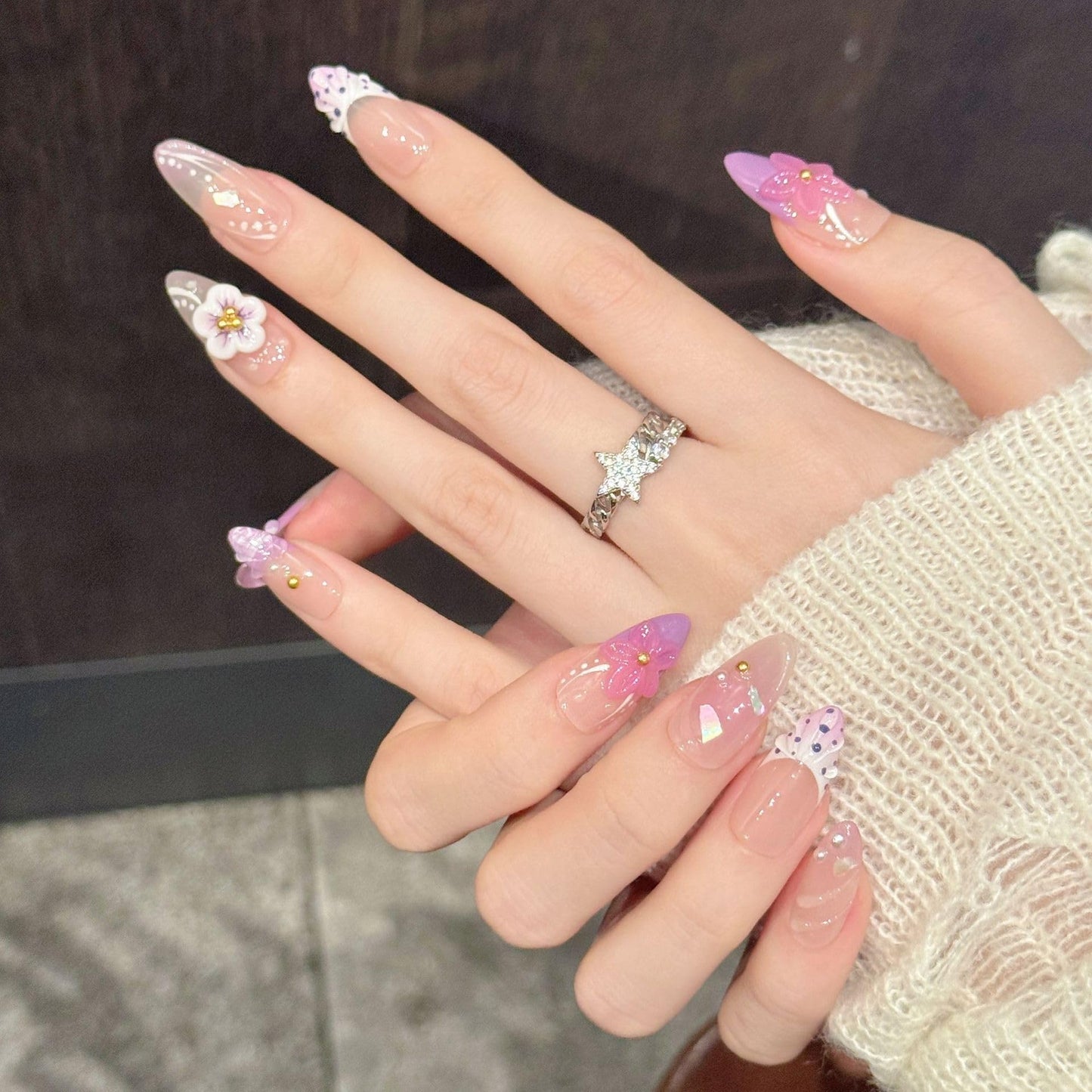 TENPAL Handmade Soft Lilac French Tips Press on Nails Medium Almond with 3D Glitter Floral & Pearl, Handmade & Reusable, Sheer Flattering False Nails for Everyday Summer Wear 10PCS(M)