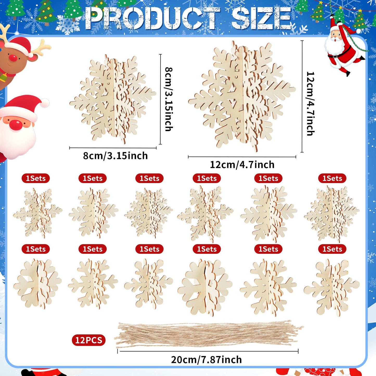 Chunful 48 Pcs Wooden Snowflake Ornaments DIY 3D Winter Snowflake for Crafts Bulk 24 Sets Unfinished Hanging Snowflakes Ornaments with Cord for Winter Party Decoration