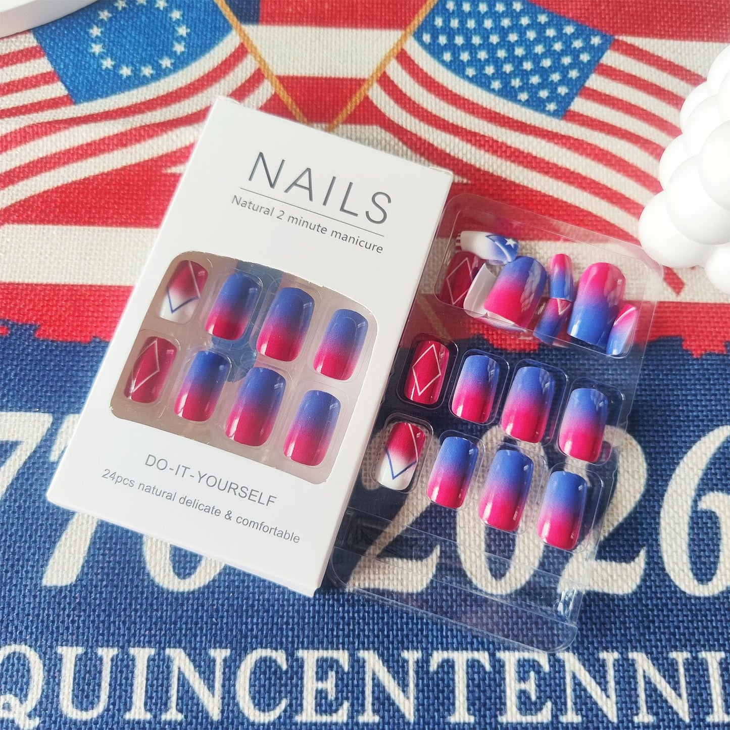 4th of July Press on Nails Glossy Blue Ombre Glue on Artificial Fingernails American Flag Fake Nails 24 Pcs Independence Day Acrylic False Nail HZJXRT Medium Square Stick on Nail for Women Gift
