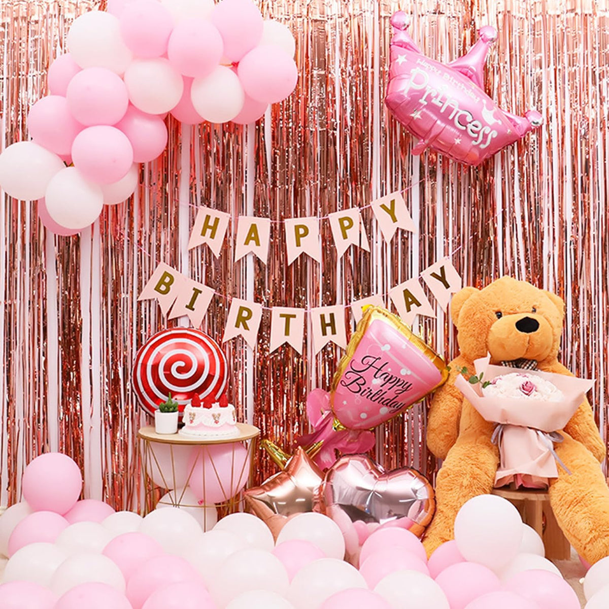 QRabbit 4 Pack Foil Fringe Backdrop Curtains, Rose Gold Party Streamers Photo Booth Props for Birthday Graduation Engagement Wedding Baby Shower Christmas Party Decorations