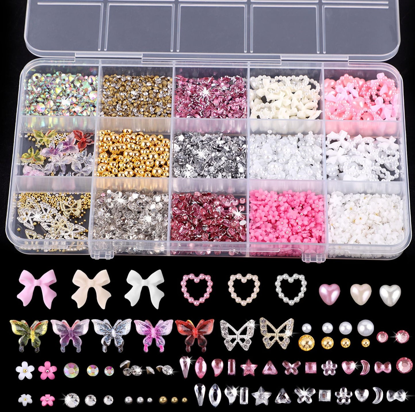 Chunmeng 10000 Nail Spells and Gem Set, Pink Cute Bow, 3D Flowers, Gold Butterfly Pendant - Nail Art Water Diamond, Pearl, Diamond Gem, Comes with DIY Nail Tools