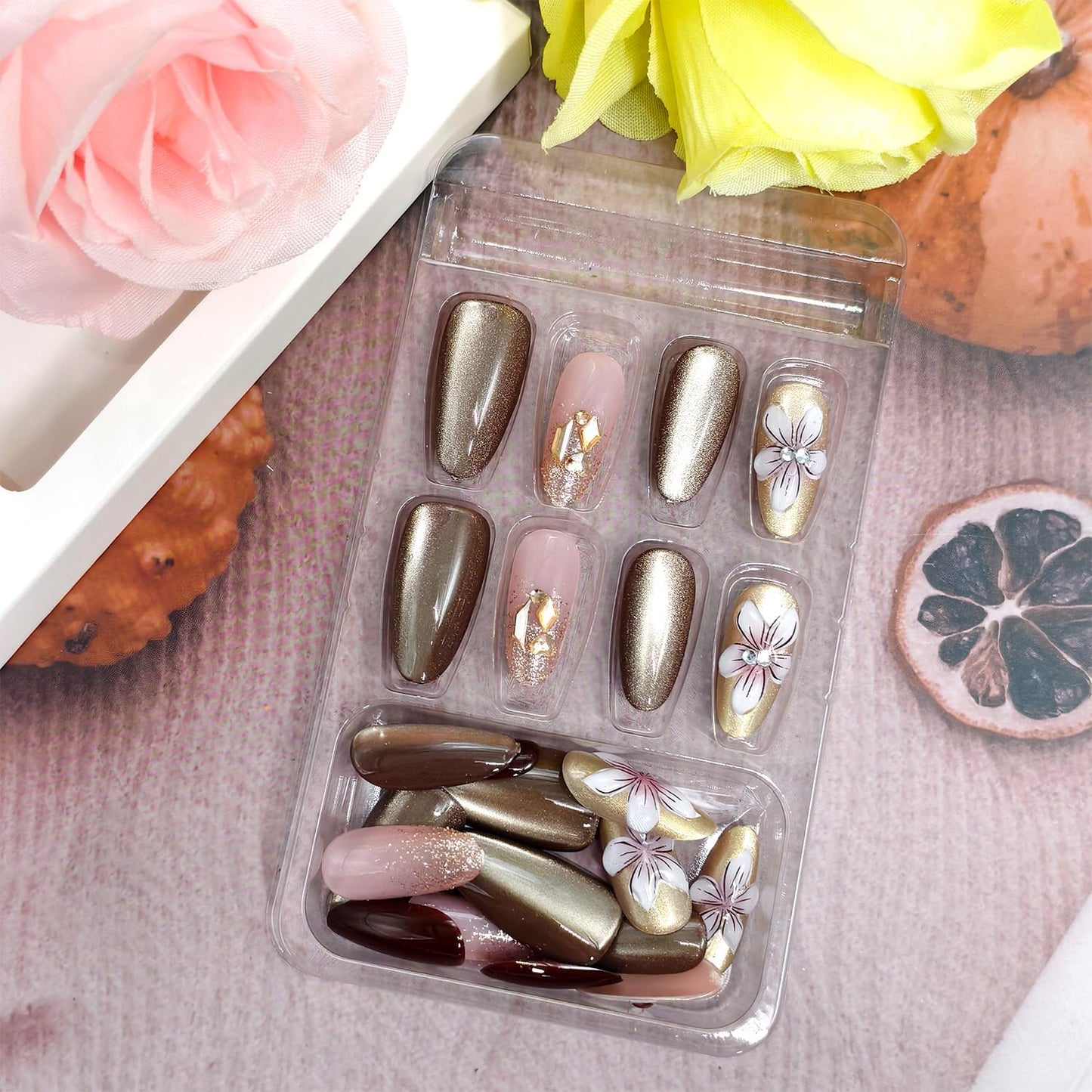 30Pcs Flower Press on Nails Medium Almond Fake Nails Artificial Acrylic 3D Floral with Rhinestones Glitter Spring Design Full Cover Glossy Stick on Nail Artificial Fingernails for Women Manicure