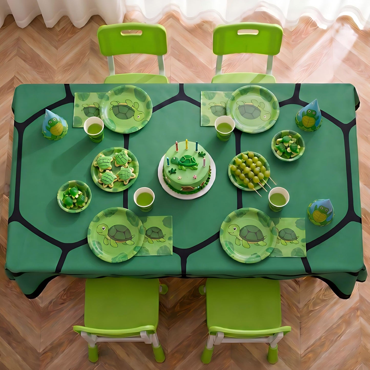 Frienda Turtle Birthday Party Decorations Oversized Turtle Shell Tablecloth Party Supplies 70.8×55.1 Inch Green Irregular Cartoon Theme Table Decorations Durable Polyester Fabric Table Cover