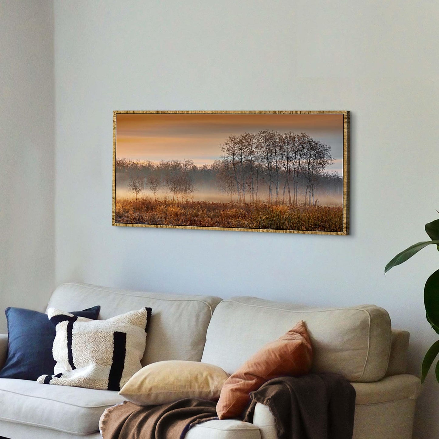 Misty Forest Framed Wall Art: Sunset Landscape Canvas Picture Rustic Woodland Scenery Painting Wilderness Artwork Prints for Living Room