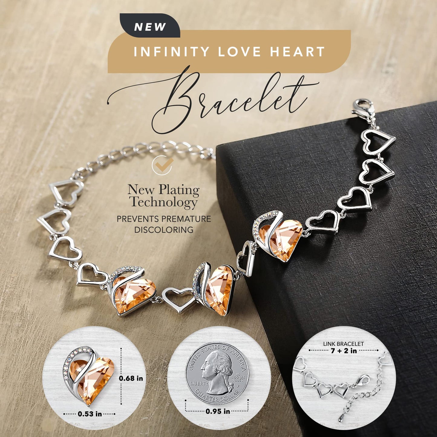 Leafael Infinity Love Heart Gift Bracelet for Women, Carnelian Orange Healing Stone for Energy, Silver Tone, 7-inch Chain and 2-inch Extender