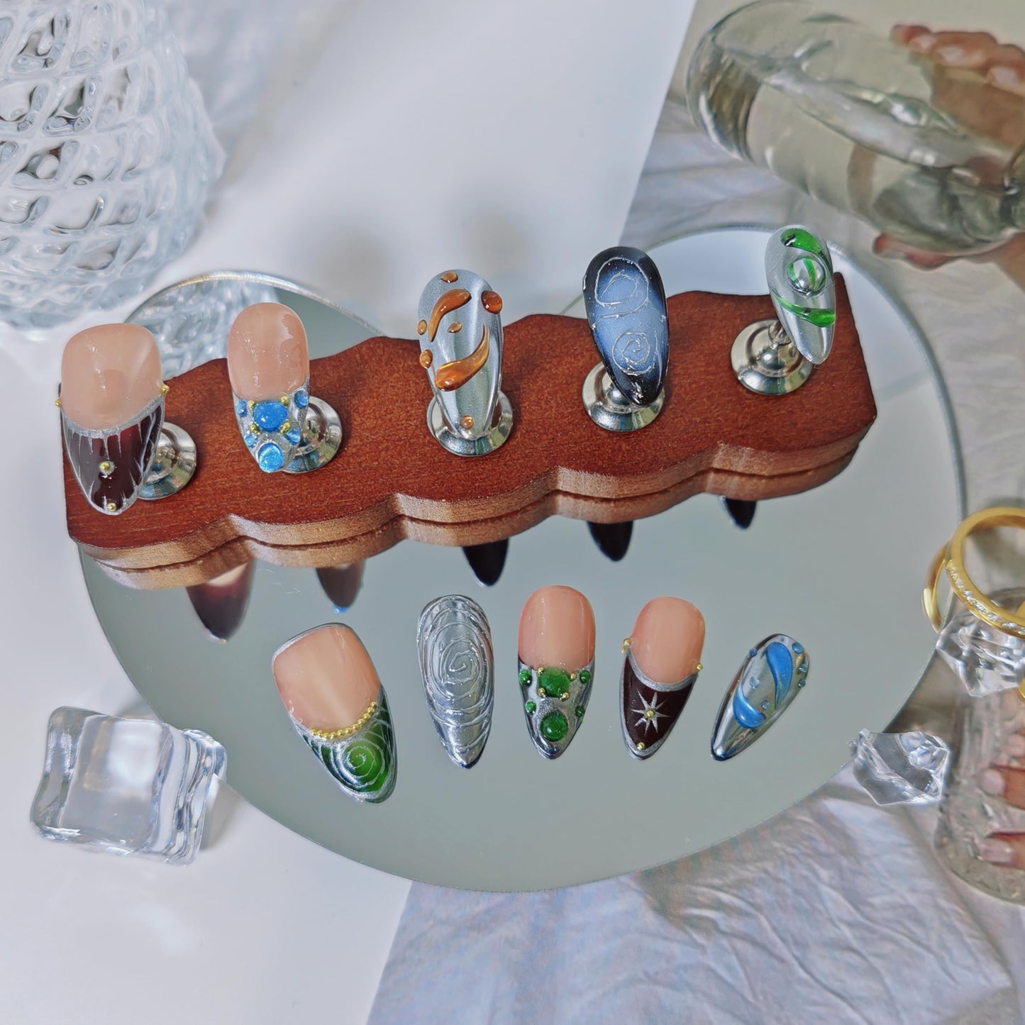 Almond Press on Nails Handmade Medium Long/Stiletto 3D Flower Fake Nail with Designs, Women Reusable False Nails (French Tip Silver, S)