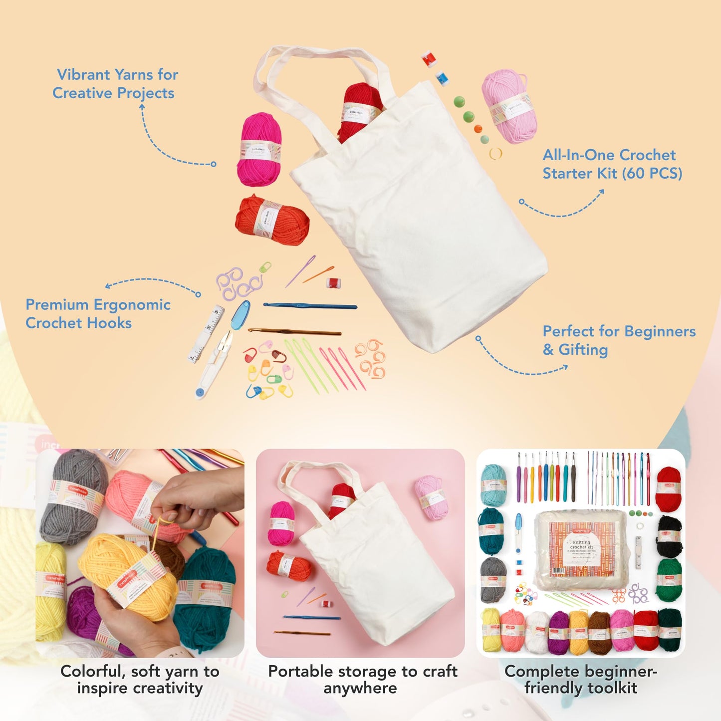 Incraftables Crochet Kit for Beginners – 85 Piece Beginner Crochet Kit for Adults & Kids with Yarn, Hooks, Accessories & Bonus Tote Bag Organizer – Learn to Crochet with Complete Starter Set
